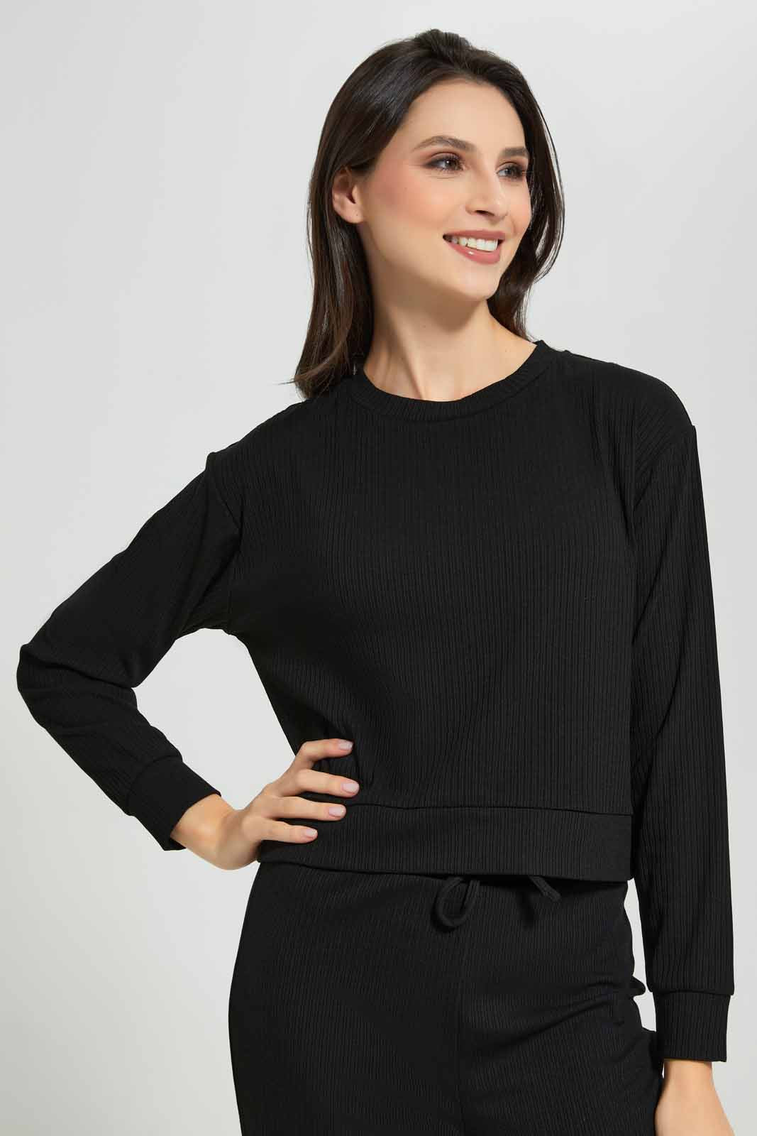 Redtag-Black-Ribbed-Lounge-Sweatshirt-Category:Sweatshirts,-Colour:Black,-Deals:New-In,-Filter:Women's-Clothing,-New-In-Women-APL,-Non-Sale,-Section:Women,-W22A,-Women-Sweatshirts-Women's-