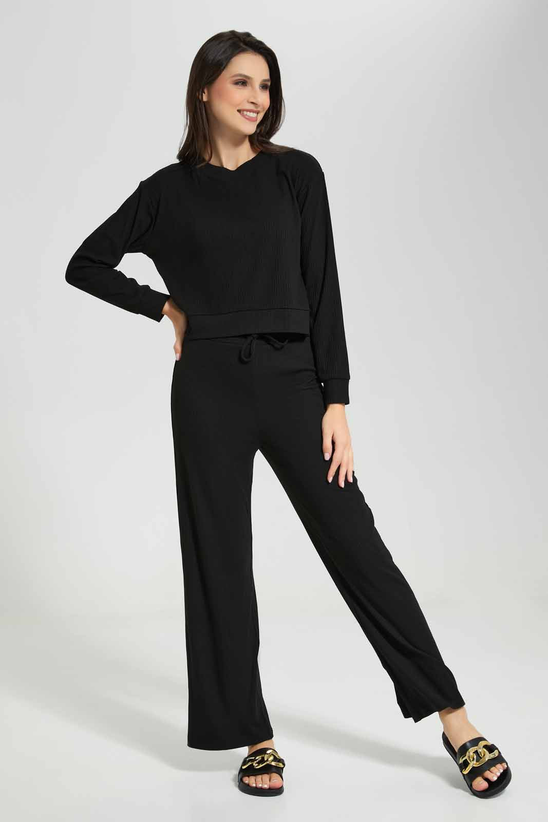 Redtag-Black-Ribbed-Lounge-Sweatshirt-Category:Sweatshirts,-Colour:Black,-Deals:New-In,-Filter:Women's-Clothing,-New-In-Women-APL,-Non-Sale,-Section:Women,-W22A,-Women-Sweatshirts-Women's-