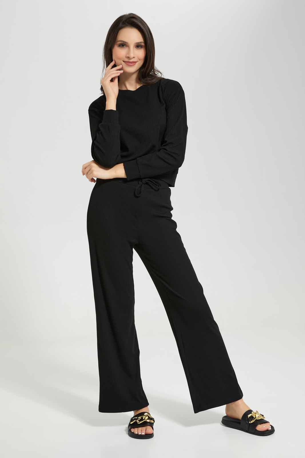 Redtag-Black-Ribbed-Wideleg-Lounge-Pants-Category:Joggers,-Colour:Black,-Deals:New-In,-Filter:Women's-Clothing,-New-In-Women-APL,-Non-Sale,-Section:Women,-W22A,-Women-Joggers-Women's-