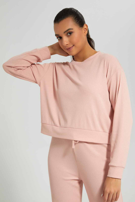 Redtag-Blush-Ribbed-Lounge-Sweatshirt-Category:Sweatshirts,-Colour:Apricot,-Deals:New-In,-Filter:Women's-Clothing,-New-In-Women-APL,-Non-Sale,-Section:Women,-W22A,-Women-Sweatshirts-Women's-