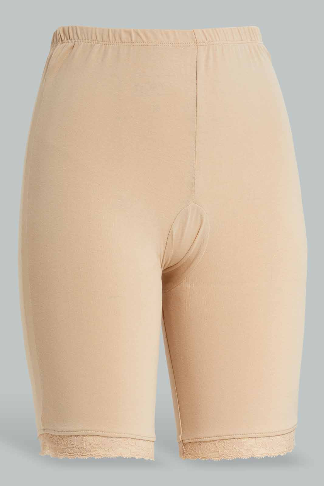 Redtag-Beige-Plain-Knit-Short-With-Lace-Category:Briefs,-Colour:Beige,-Deals:New-In,-Filter:Women's-Clothing,-New-In-Women-APL,-Non-Sale,-Section:Women,-W22B,-Women-Briefs--