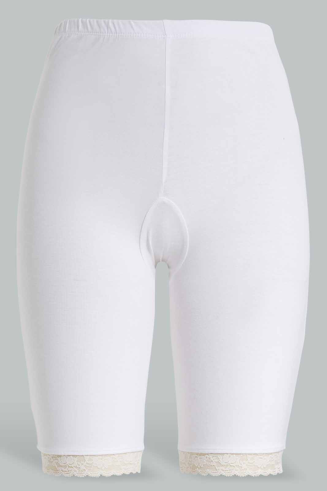 Redtag-White-Plain-Knit-Short-With-Lace-Category:Briefs,-Colour:White,-Deals:New-In,-Filter:Women's-Clothing,-New-In-Women-APL,-Non-Sale,-Section:Women,-W22B,-Women-Briefs--