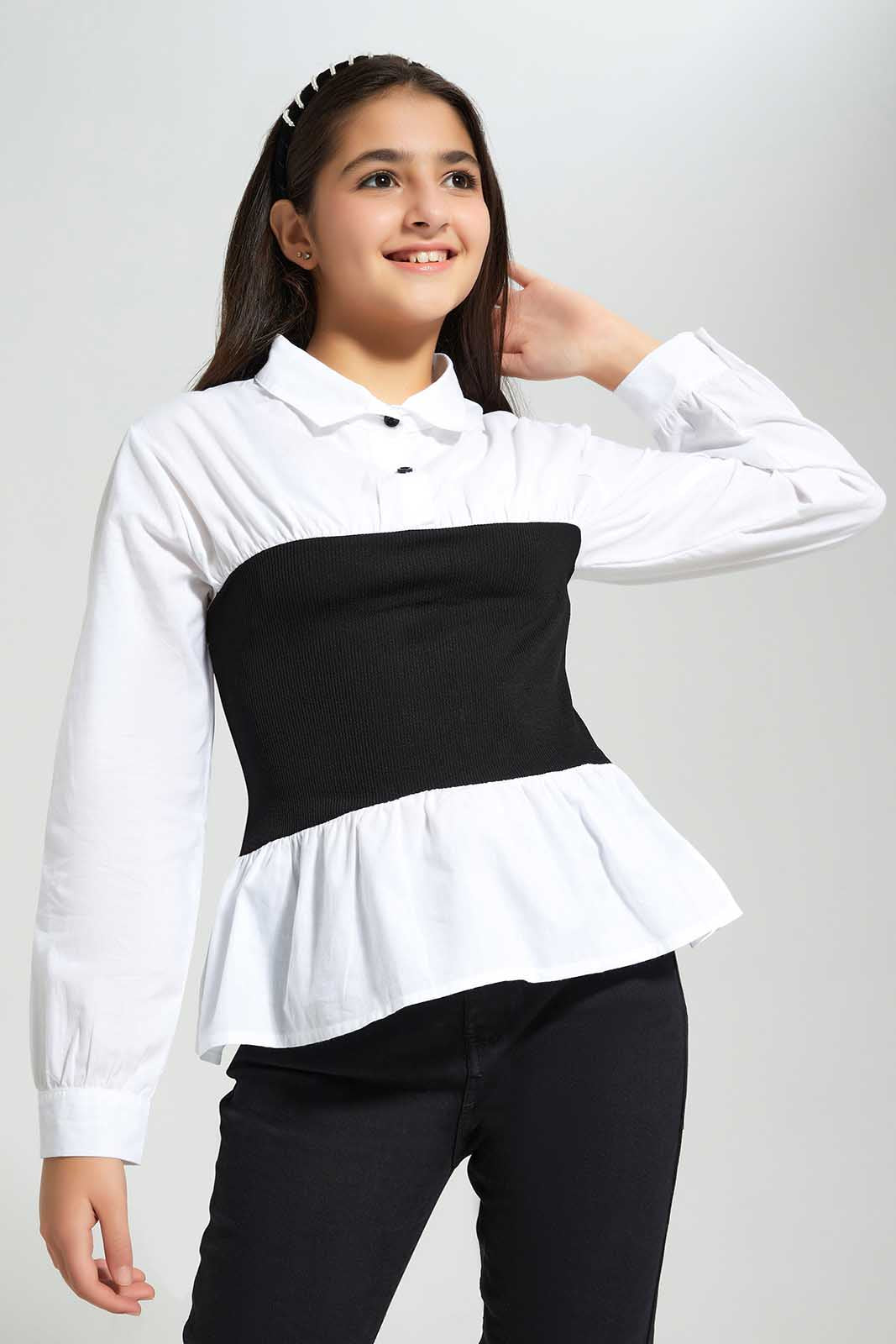 Redtag-White/Black-Collared-Shirt-With-Rib-Contrast-Category:Blouses,-Colour:Assorted,-Deals:New-In,-Filter:Senior-Girls-(8-to-14-Yrs),-GSR-Blouses,-New-In-GSR-APL,-Non-Sale,-Section:Girls-(0-to-14Yrs),-W22A-Senior-Girls-9 to 14 Years