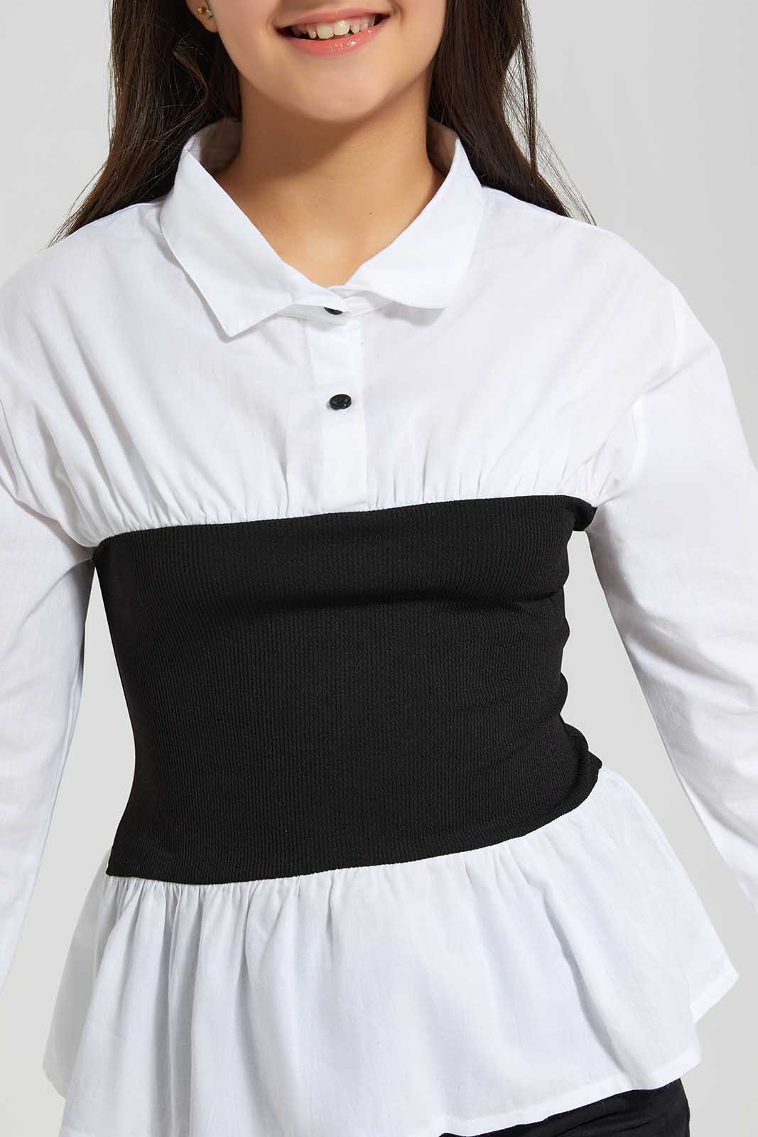 Redtag-White/Black-Collared-Shirt-With-Rib-Contrast-Category:Blouses,-Colour:Assorted,-Deals:New-In,-Filter:Senior-Girls-(8-to-14-Yrs),-GSR-Blouses,-New-In-GSR-APL,-Non-Sale,-Section:Girls-(0-to-14Yrs),-W22A-Senior-Girls-9 to 14 Years