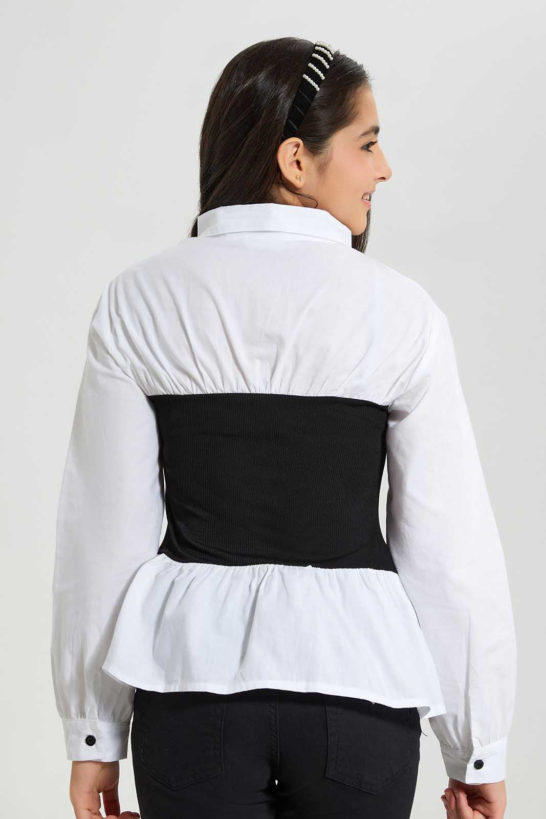 Redtag-White/Black-Collared-Shirt-With-Rib-Contrast-Category:Blouses,-Colour:Assorted,-Deals:New-In,-Filter:Senior-Girls-(8-to-14-Yrs),-GSR-Blouses,-New-In-GSR-APL,-Non-Sale,-Section:Girls-(0-to-14Yrs),-W22A-Senior-Girls-9 to 14 Years
