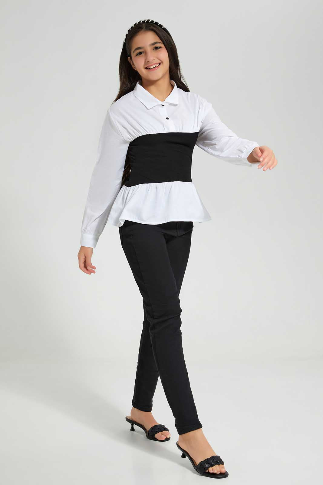 Redtag-White/Black-Collared-Shirt-With-Rib-Contrast-Category:Blouses,-Colour:Assorted,-Deals:New-In,-Filter:Senior-Girls-(8-to-14-Yrs),-GSR-Blouses,-New-In-GSR-APL,-Non-Sale,-Section:Girls-(0-to-14Yrs),-W22A-Senior-Girls-9 to 14 Years