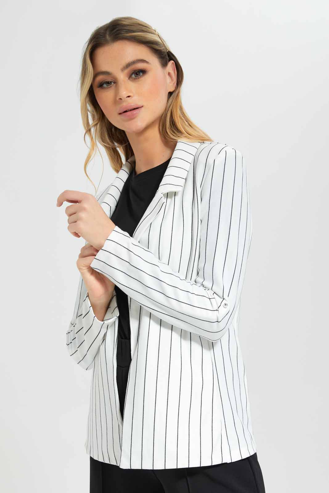 Redtag-White-Stripe-Rolled-Up-Sleeve-Jacket-Category:Jackets,-Colour:White,-Deals:New-In,-Filter:Women's-Clothing,-New-In-Women-APL,-Non-Sale,-Section:Women,-W22B,-Women-Jackets-Women's-