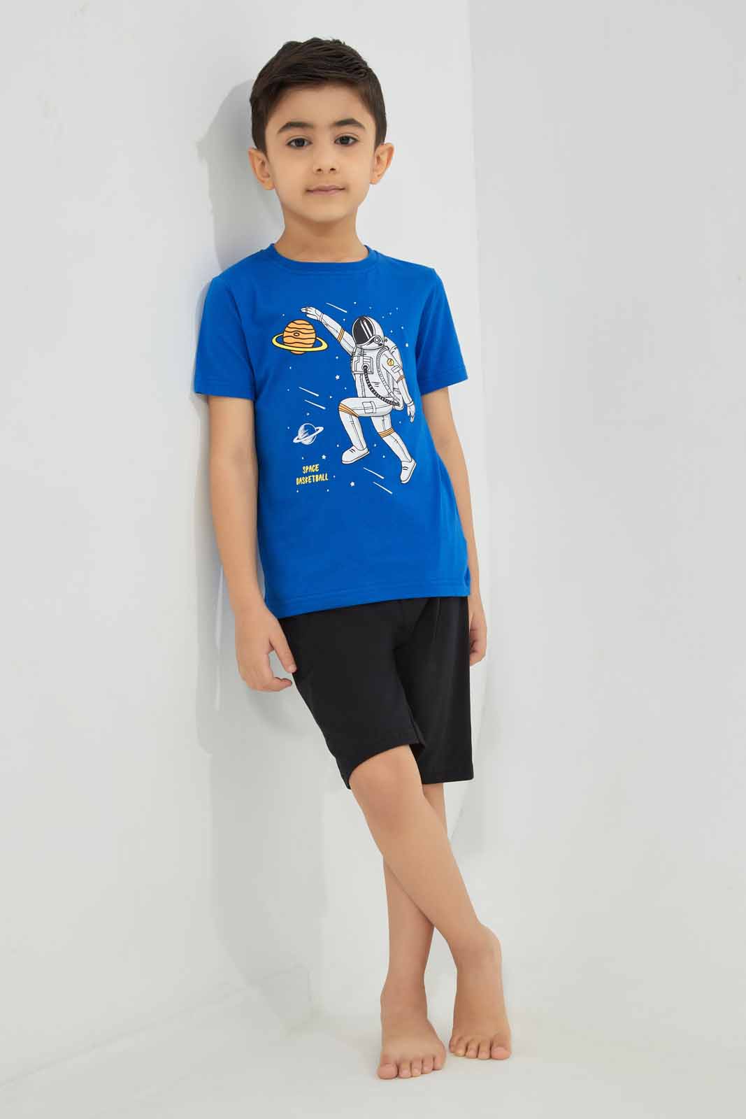 Redtag-Blue-Space-Print-T-Shirt-And-Short-Pyjama-BOY-Pyjama-Sets,-Category:Pyjama-Sets,-Colour:Blue,-Deals:New-In,-Filter:Boys-(2-to-8-Yrs),-New-In-BOY-APL,-Non-Sale,-Section:Boys-(0-to-14Yrs),-VLM,-W22A-Boys-2 to 8 Years