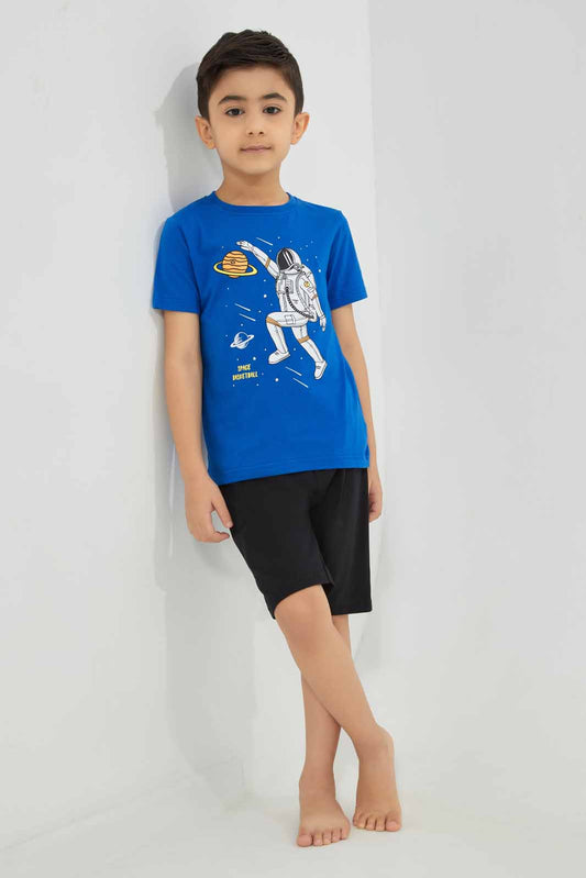 Redtag-Blue-Space-Print-T-Shirt-And-Short-Pyjama-BOY-Pyjama-Sets,-Category:Pyjama-Sets,-Colour:Blue,-Deals:New-In,-Filter:Boys-(2-to-8-Yrs),-New-In-BOY-APL,-Non-Sale,-Section:Boys-(0-to-14Yrs),-VLM,-W22A-Boys-2 to 8 Years