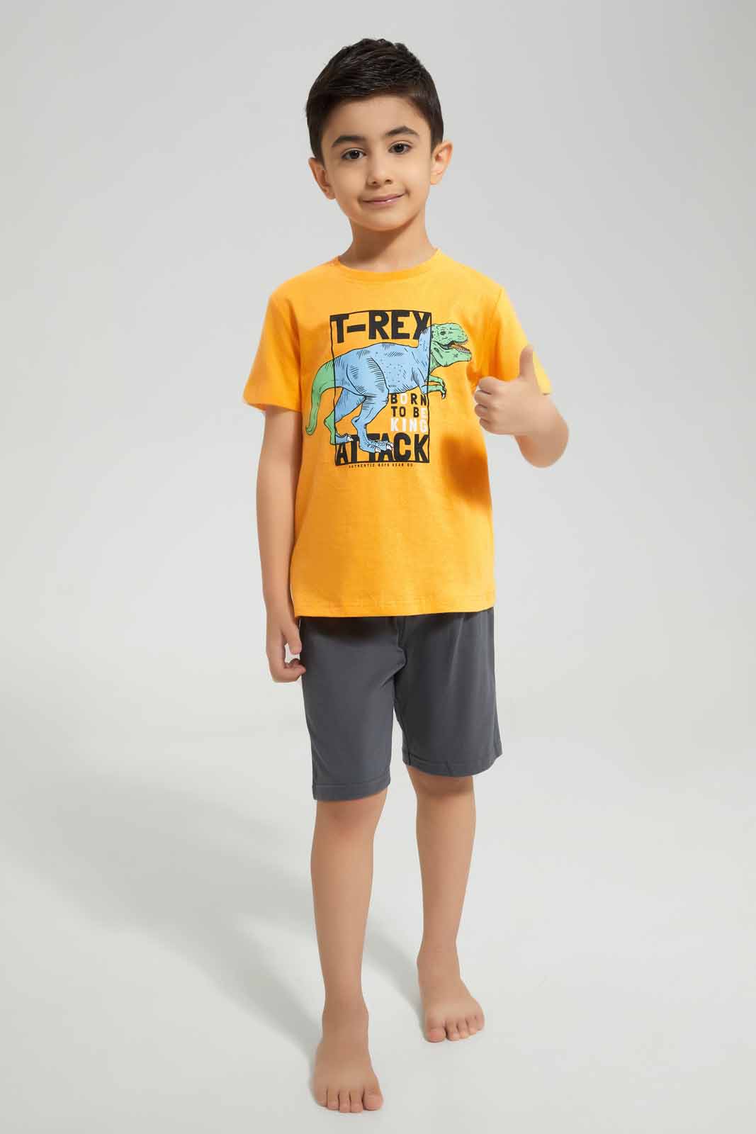 Redtag-Orange-T-Rex-Print-T-Shirt-And-Short-Pyjama-BOY-Pyjama-Sets,-Category:Pyjama-Sets,-Colour:Orange,-Deals:New-In,-Filter:Boys-(2-to-8-Yrs),-New-In-BOY-APL,-Non-Sale,-Section:Boys-(0-to-14Yrs),-VLM,-W22A-Boys-2 to 8 Years