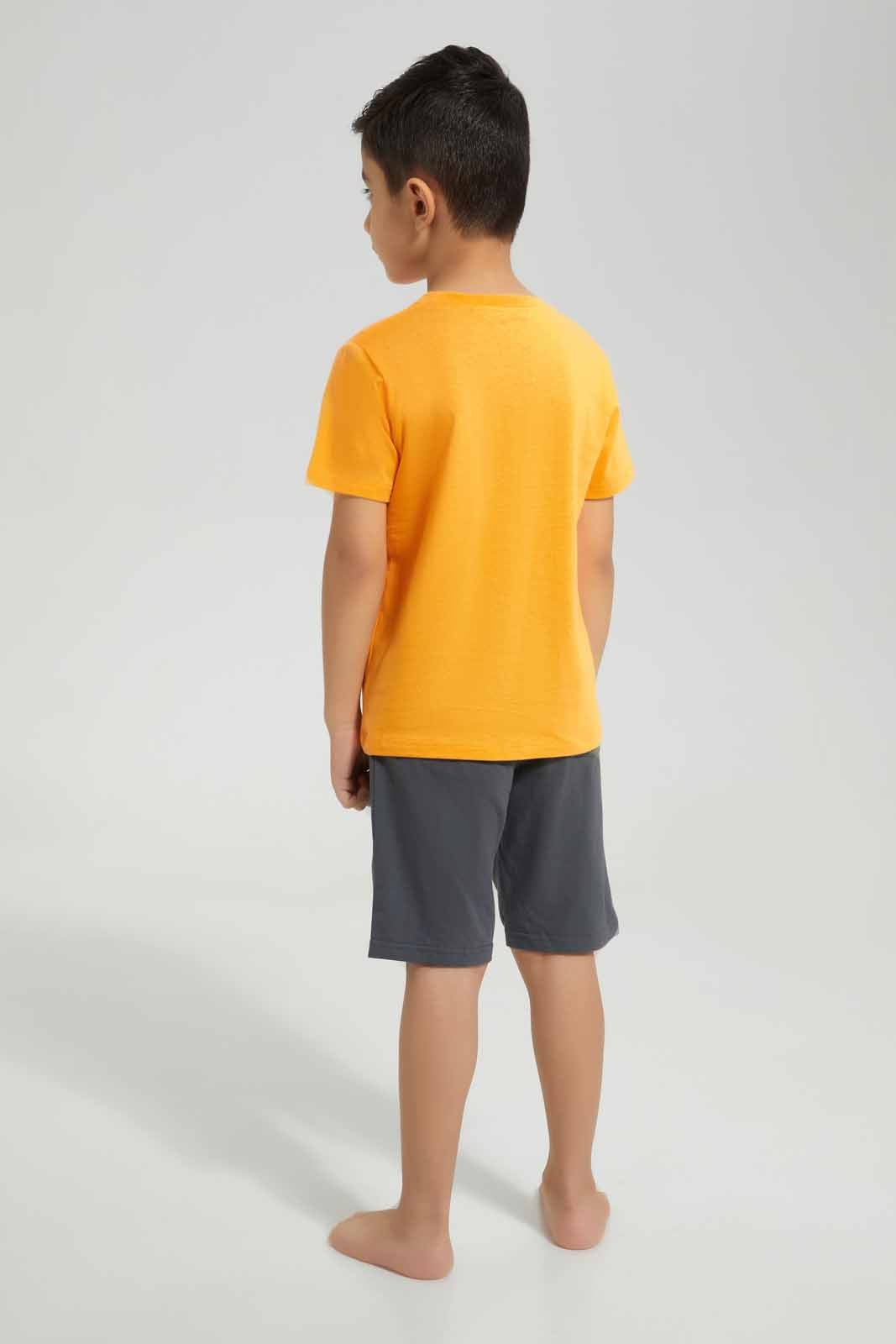 Redtag-Orange-T-Rex-Print-T-Shirt-And-Short-Pyjama-BOY-Pyjama-Sets,-Category:Pyjama-Sets,-Colour:Orange,-Deals:New-In,-Filter:Boys-(2-to-8-Yrs),-New-In-BOY-APL,-Non-Sale,-Section:Boys-(0-to-14Yrs),-VLM,-W22A-Boys-2 to 8 Years