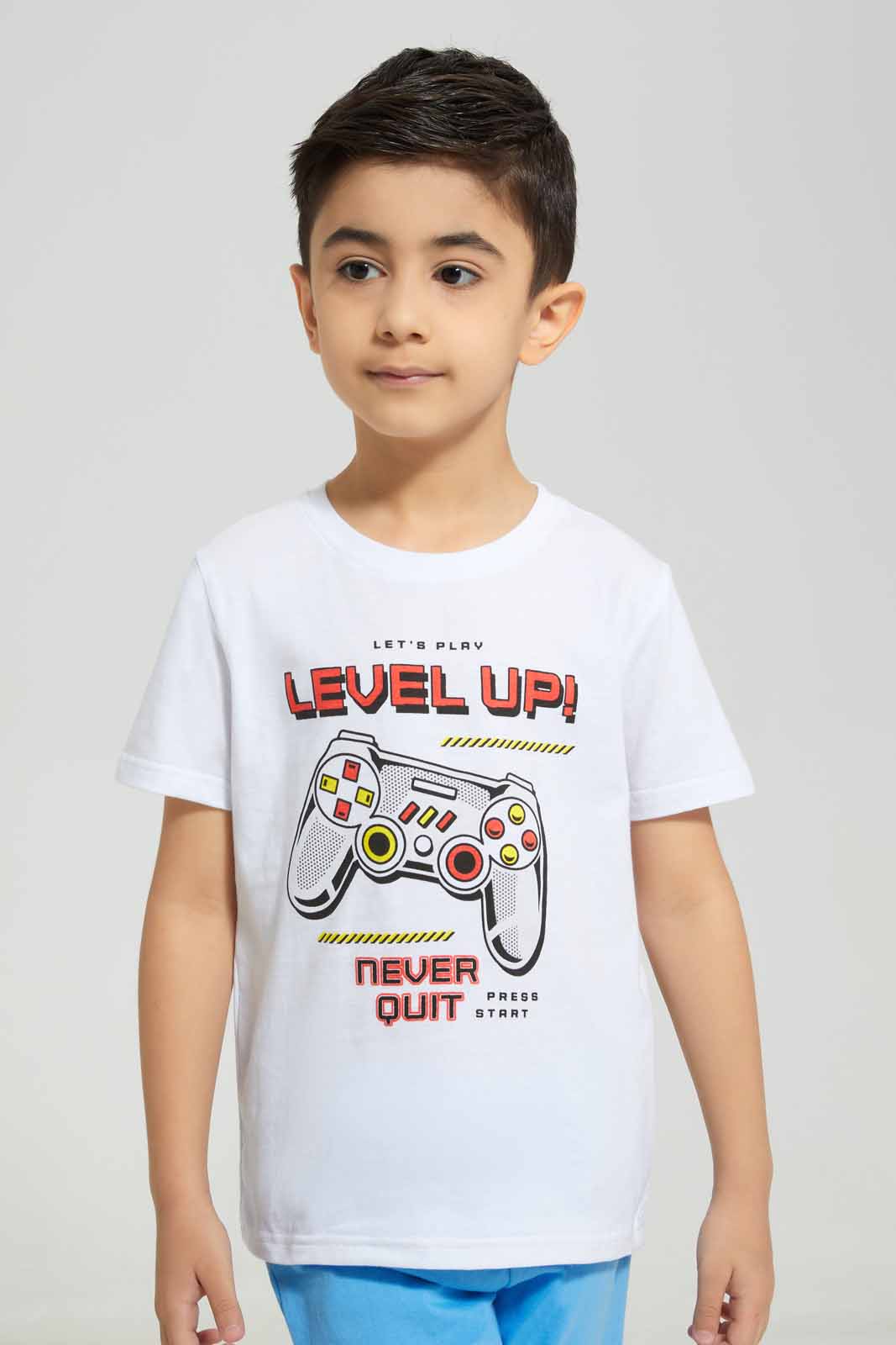 Redtag-White-Game-Print-T-Shirt-And-Short-Pyjama-BOY-Pyjama-Sets,-Category:Pyjama-Sets,-Colour:White,-Deals:New-In,-Filter:Boys-(2-to-8-Yrs),-New-In-BOY-APL,-Non-Sale,-Section:Boys-(0-to-14Yrs),-VLM,-W22A-Boys-2 to 8 Years