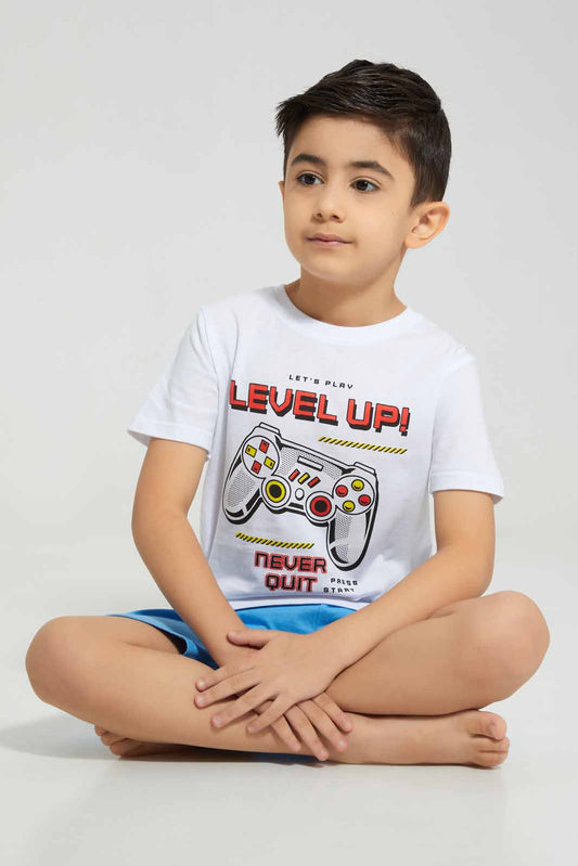 Redtag-White-Game-Print-T-Shirt-And-Short-Pyjama-BOY-Pyjama-Sets,-Category:Pyjama-Sets,-Colour:White,-Deals:New-In,-Filter:Boys-(2-to-8-Yrs),-New-In-BOY-APL,-Non-Sale,-Section:Boys-(0-to-14Yrs),-VLM,-W22A-Boys-2 to 8 Years