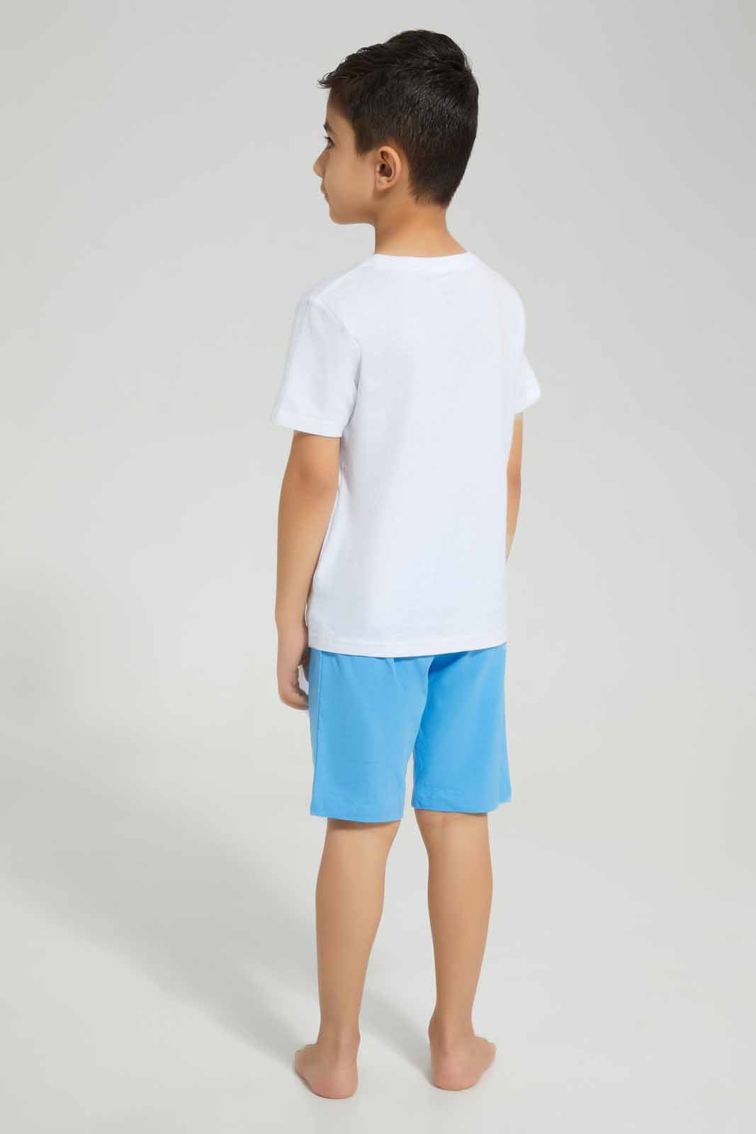 Redtag-White-Game-Print-T-Shirt-And-Short-Pyjama-BOY-Pyjama-Sets,-Category:Pyjama-Sets,-Colour:White,-Deals:New-In,-Filter:Boys-(2-to-8-Yrs),-New-In-BOY-APL,-Non-Sale,-Section:Boys-(0-to-14Yrs),-VLM,-W22A-Boys-2 to 8 Years