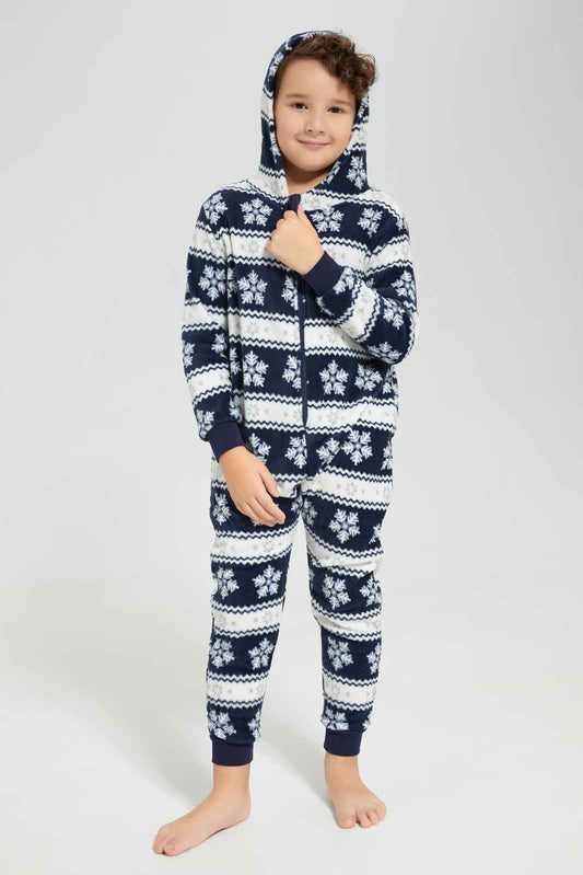 Redtag-Navy-Coral-Fleece-Snow-Flakes-AOP-Onsie-BOY-Pyjama-Sets,-Category:Pyjama-Sets,-Colour:Navy,-Deals:New-In,-Dept:Boys,-Filter:Boys-(2-to-8-Yrs),-New-In-BOY-APL,-Non-Sale,-Section:Boys-(0-to-14Yrs),-W22B-Boys-2 to 8 Years