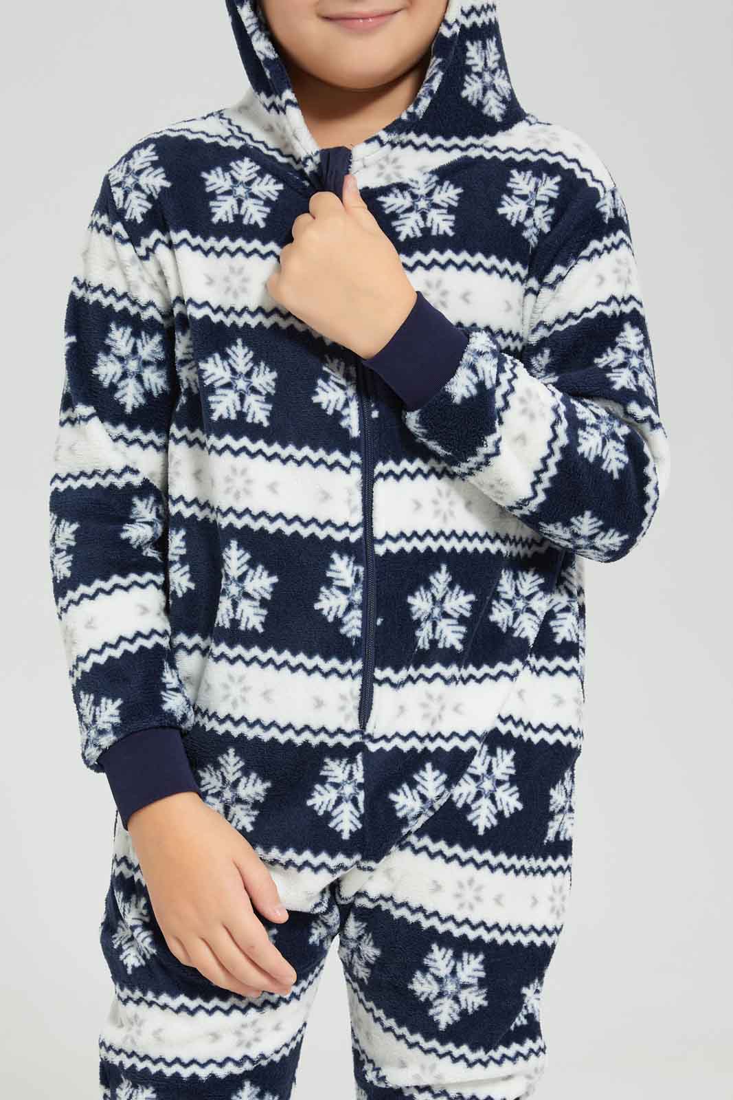 Redtag-Navy-Coral-Fleece-Snow-Flakes-AOP-Onsie-BOY-Pyjama-Sets,-Category:Pyjama-Sets,-Colour:Navy,-Deals:New-In,-Dept:Boys,-Filter:Boys-(2-to-8-Yrs),-New-In-BOY-APL,-Non-Sale,-Section:Boys-(0-to-14Yrs),-W22B-Boys-2 to 8 Years