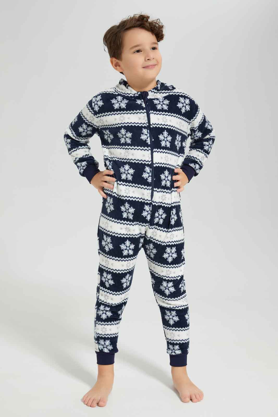 Redtag-Navy-Coral-Fleece-Snow-Flakes-AOP-Onsie-BOY-Pyjama-Sets,-Category:Pyjama-Sets,-Colour:Navy,-Deals:New-In,-Dept:Boys,-Filter:Boys-(2-to-8-Yrs),-New-In-BOY-APL,-Non-Sale,-Section:Boys-(0-to-14Yrs),-W22B-Boys-2 to 8 Years