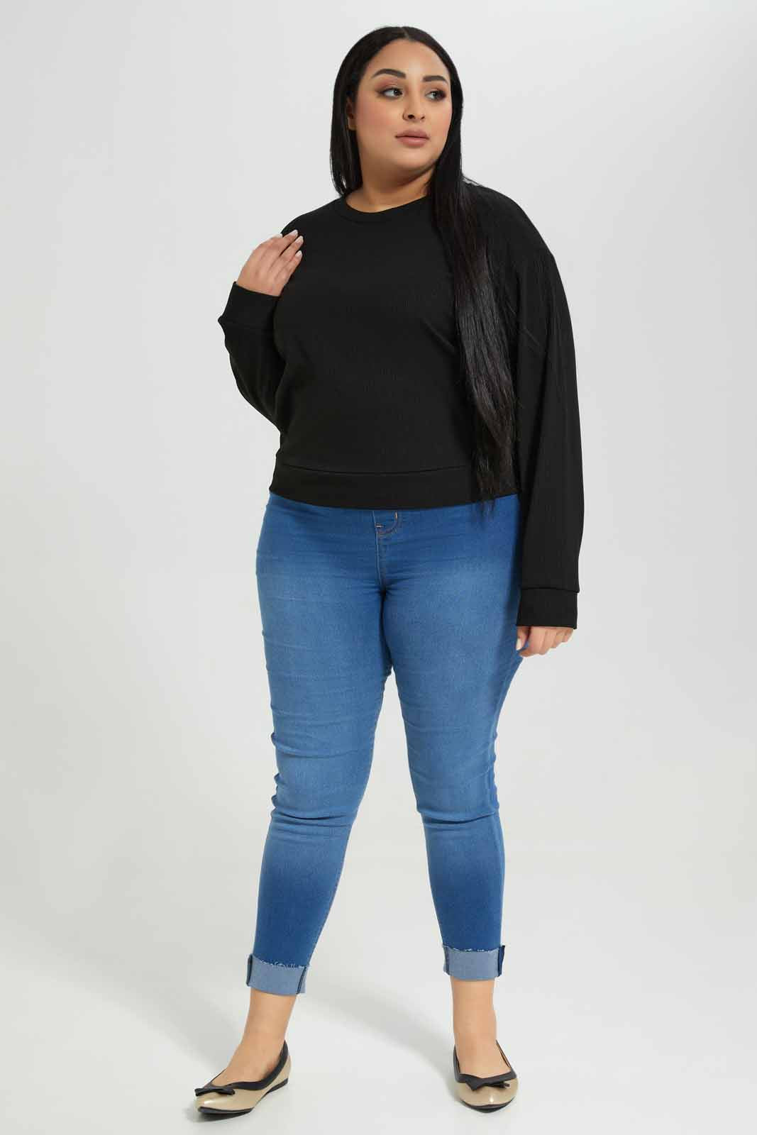 Redtag-Black-Ribbed-Full-Sleeve-Crew-Neck-T-Shirt-Category:Tops,-Colour:Black,-Deals:New-In,-Filter:Plus-Size,-LDP-Tops,-New-In-LDP-APL,-Non-Sale,-Section:Women,-W22A-Women's-