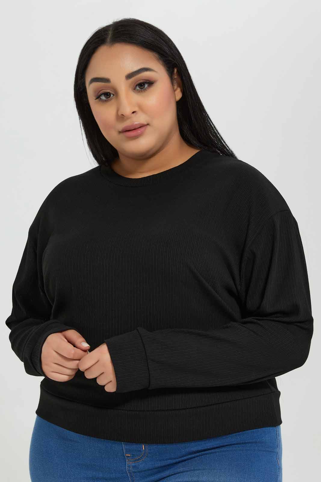 Redtag-Black-Ribbed-Full-Sleeve-Crew-Neck-T-Shirt-Category:Tops,-Colour:Black,-Deals:New-In,-Filter:Plus-Size,-LDP-Tops,-New-In-LDP-APL,-Non-Sale,-Section:Women,-W22A-Women's-