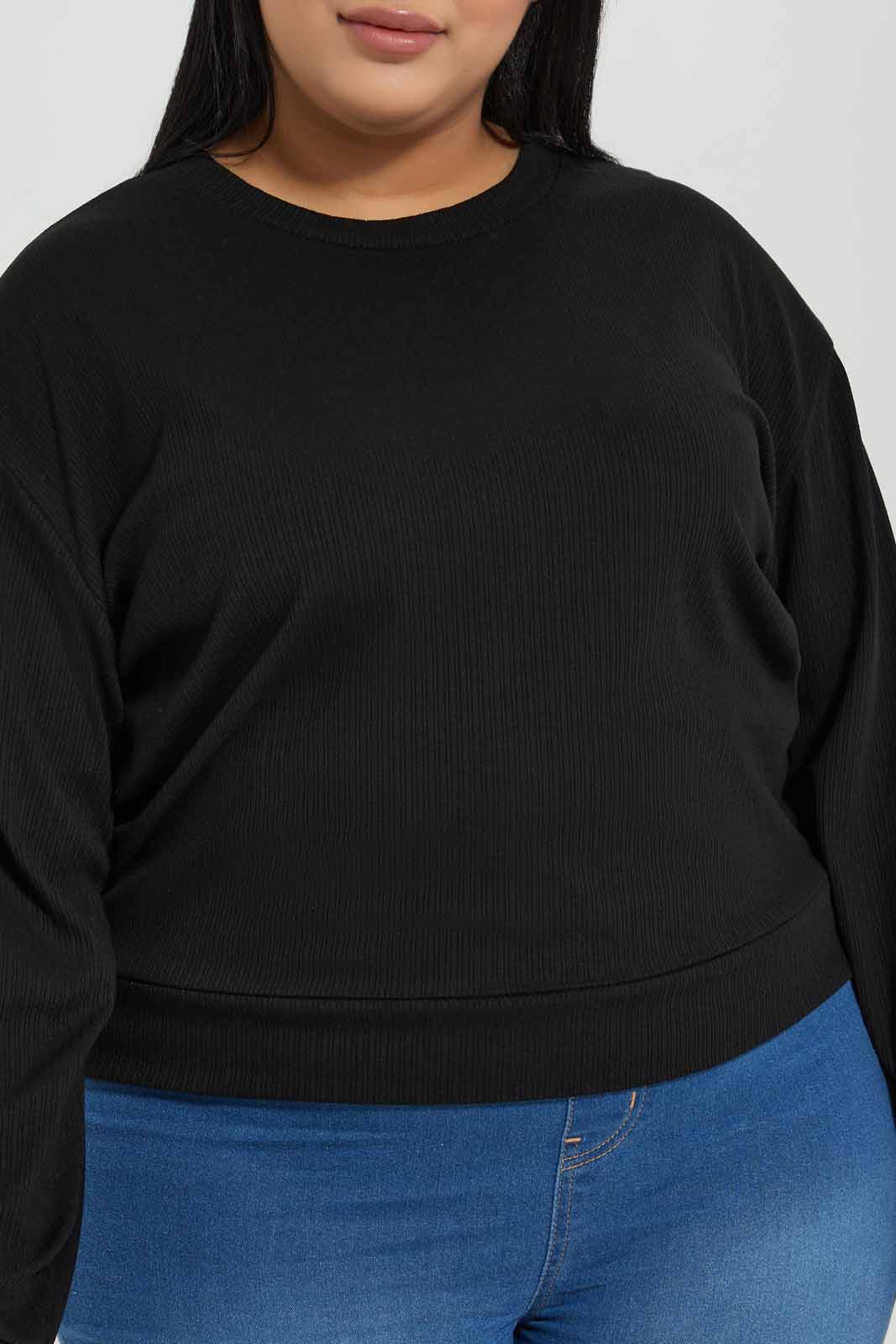 Redtag-Black-Ribbed-Full-Sleeve-Crew-Neck-T-Shirt-Category:Tops,-Colour:Black,-Deals:New-In,-Filter:Plus-Size,-LDP-Tops,-New-In-LDP-APL,-Non-Sale,-Section:Women,-W22A-Women's-