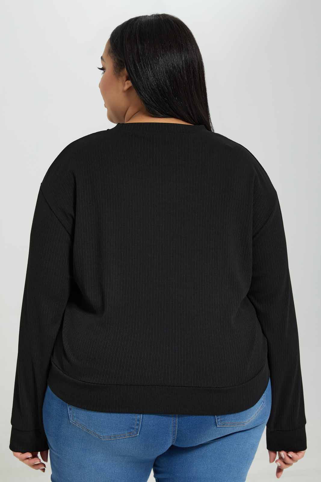 Redtag-Black-Ribbed-Full-Sleeve-Crew-Neck-T-Shirt-Category:Tops,-Colour:Black,-Deals:New-In,-Filter:Plus-Size,-LDP-Tops,-New-In-LDP-APL,-Non-Sale,-Section:Women,-W22A-Women's-