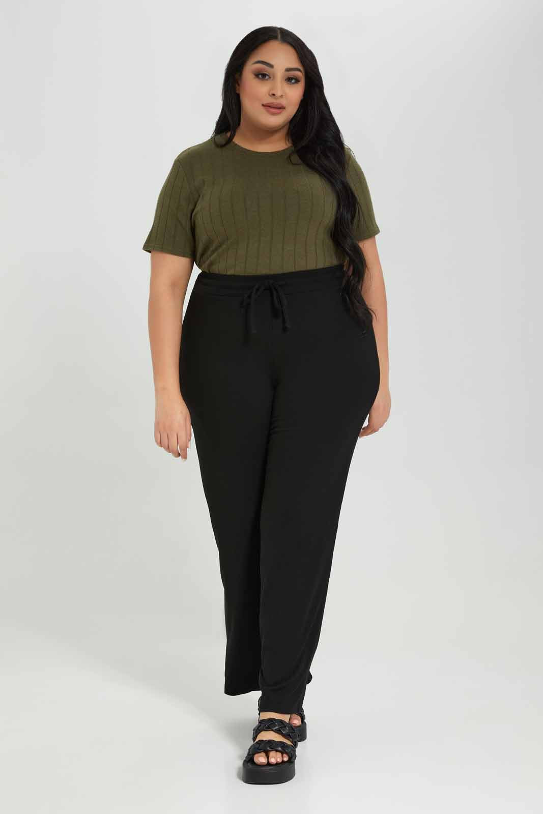 Redtag-Black-Ribbed-Wide-Leg-Pants-Category:Joggers,-Colour:Black,-Deals:New-In,-Filter:Plus-Size,-LDP-Joggers,-New-In-LDP-APL,-Non-Sale,-Section:Women,-W22A-Women's-