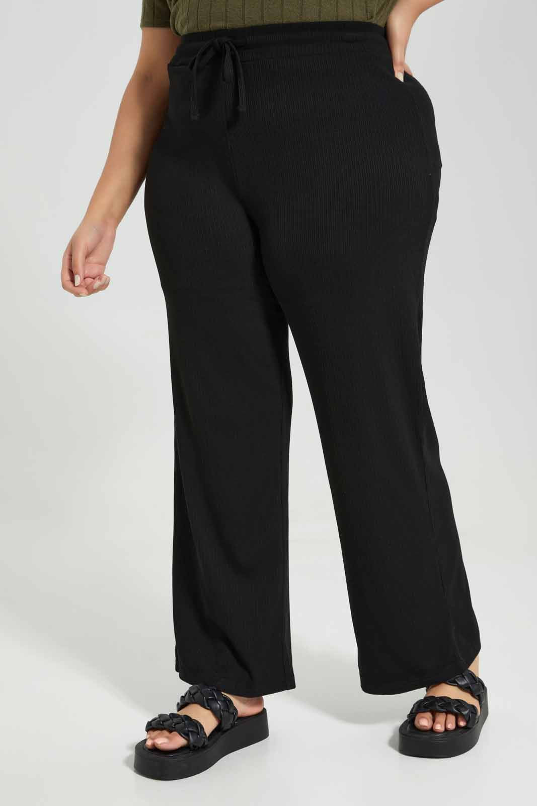 Redtag-Black-Ribbed-Wide-Leg-Pants-Category:Joggers,-Colour:Black,-Deals:New-In,-Filter:Plus-Size,-LDP-Joggers,-New-In-LDP-APL,-Non-Sale,-Section:Women,-W22A-Women's-