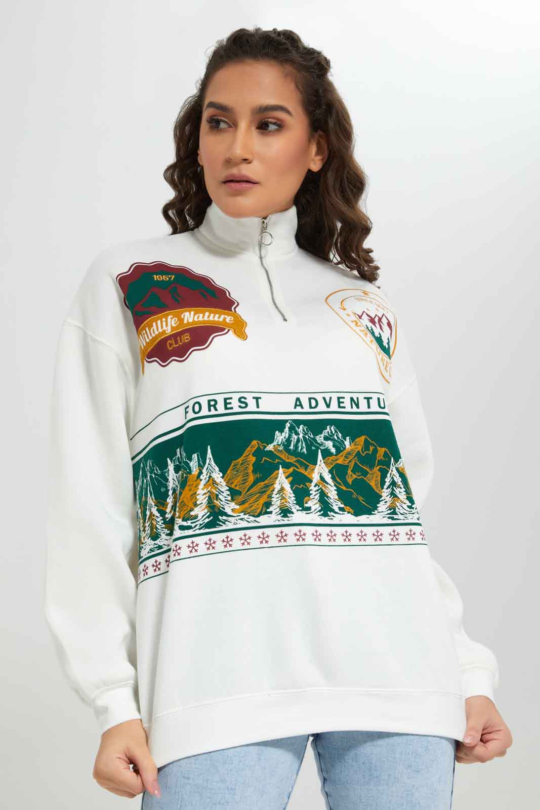 Redtag-White-Oversized-Placement-Print-Sweatshirt-With-Zipper-Category:Sweatshirts,-Colour:White,-Deals:New-In,-Filter:Women's-Clothing,-New-In-Women-APL,-Non-Sale,-Section:Women,-W22B,-Women-Sweatshirts-Women's-