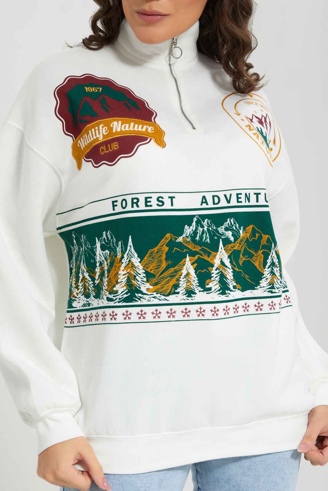 Redtag-White-Oversized-Placement-Print-Sweatshirt-With-Zipper-Category:Sweatshirts,-Colour:White,-Deals:New-In,-Filter:Women's-Clothing,-New-In-Women-APL,-Non-Sale,-Section:Women,-W22B,-Women-Sweatshirts-Women's-