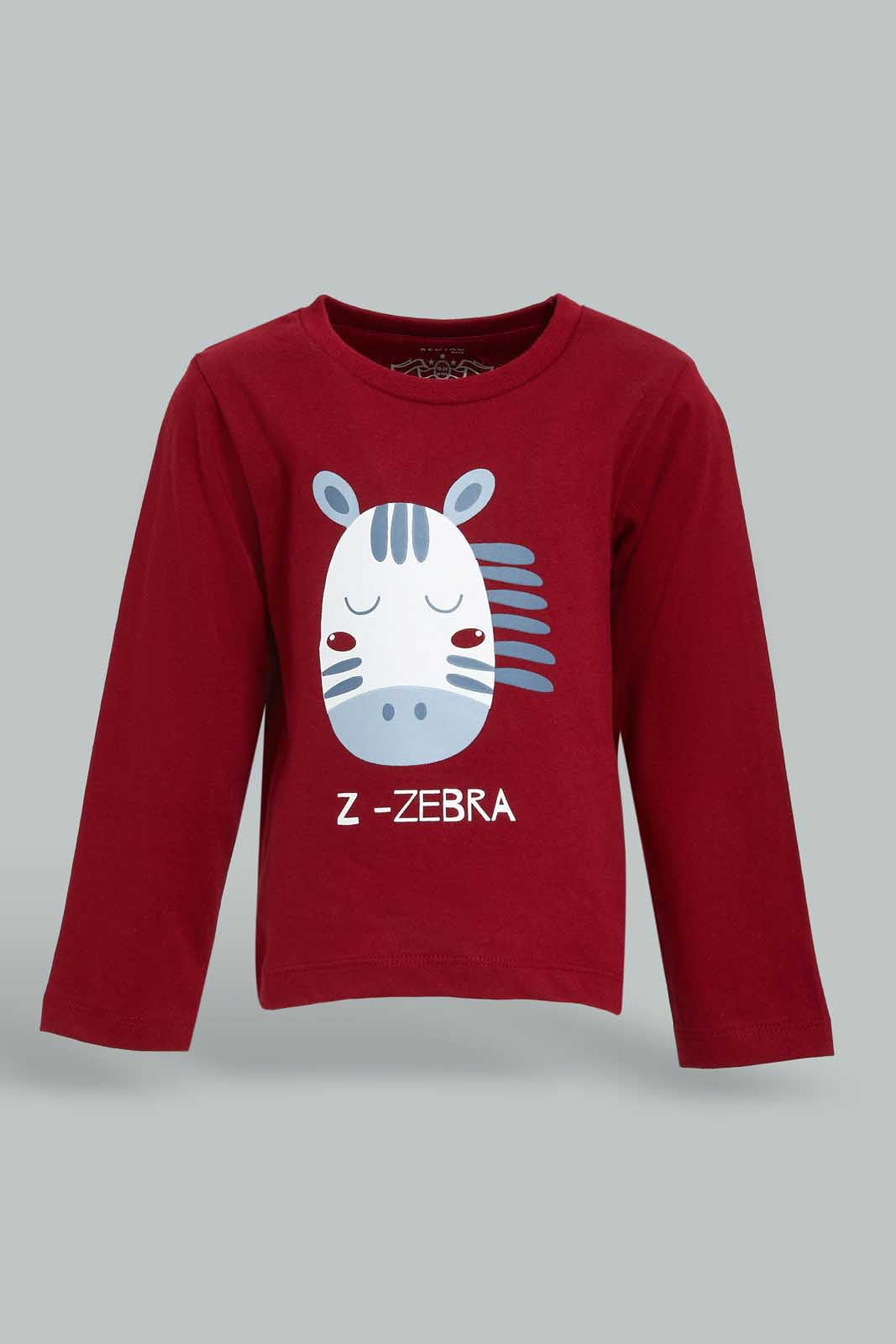 Redtag-Burgundy-Long-Sleeve-Zebra-Tshirt-Category:T-Shirts,-Colour:Burgundy,-Deals:New-In,-Dept:Boys,-Filter:Infant-Boys-(3-to-24-Mths),-INB-T-Shirts,-New-In-INB-APL,-Non-Sale,-Section:Boys-(0-to-14Yrs),-TBL,-W22B-Infant-Boys-3 to 24 Months