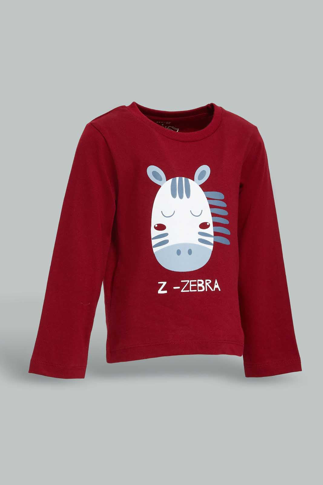 Redtag-Burgundy-Long-Sleeve-Zebra-Tshirt-Category:T-Shirts,-Colour:Burgundy,-Deals:New-In,-Dept:Boys,-Filter:Infant-Boys-(3-to-24-Mths),-INB-T-Shirts,-New-In-INB-APL,-Non-Sale,-Section:Boys-(0-to-14Yrs),-TBL,-W22B-Infant-Boys-3 to 24 Months