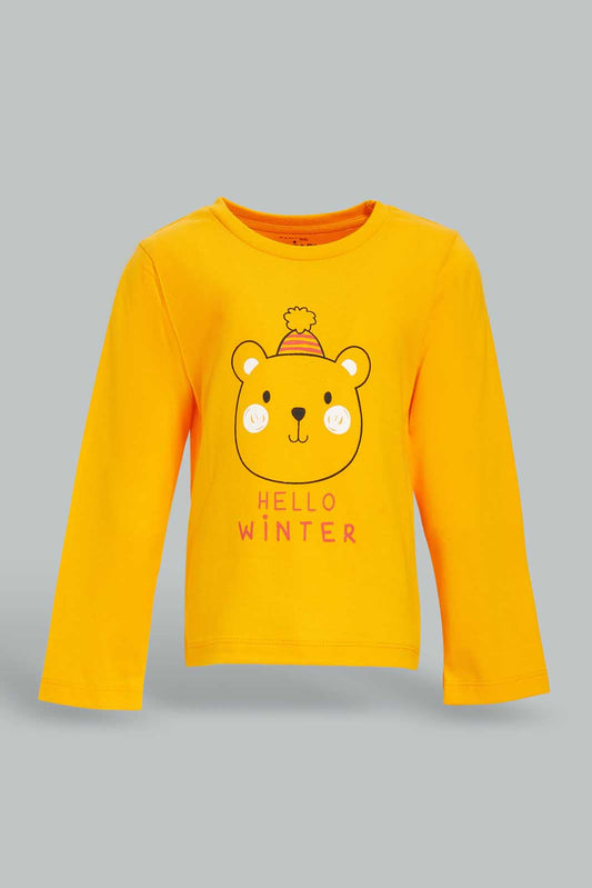 Redtag-Mustard-Long-Sleeve-Bear-Tshirt-Category:T-Shirts,-Colour:Mustard,-Deals:New-In,-Dept:Boys,-Filter:Infant-Boys-(3-to-24-Mths),-INB-T-Shirts,-New-In-INB-APL,-Non-Sale,-Section:Boys-(0-to-14Yrs),-TBL,-W22B-Infant-Boys-3 to 24 Months