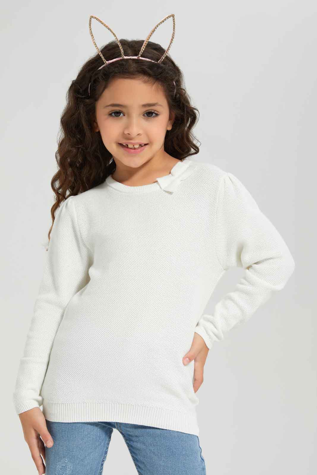 Redtag-Cream-Long-Sleeve-Pullover-With-Bow-Category:Pullovers,-Colour:Cream,-Deals:New-In,-Dept:Girls,-Filter:Girls-(2-to-8-Yrs),-GIR-Pullovers,-New-In-GIR-APL,-Non-Sale,-Section:Girls-(0-to-14Yrs),-W22B-Girls-2 to 8 Years