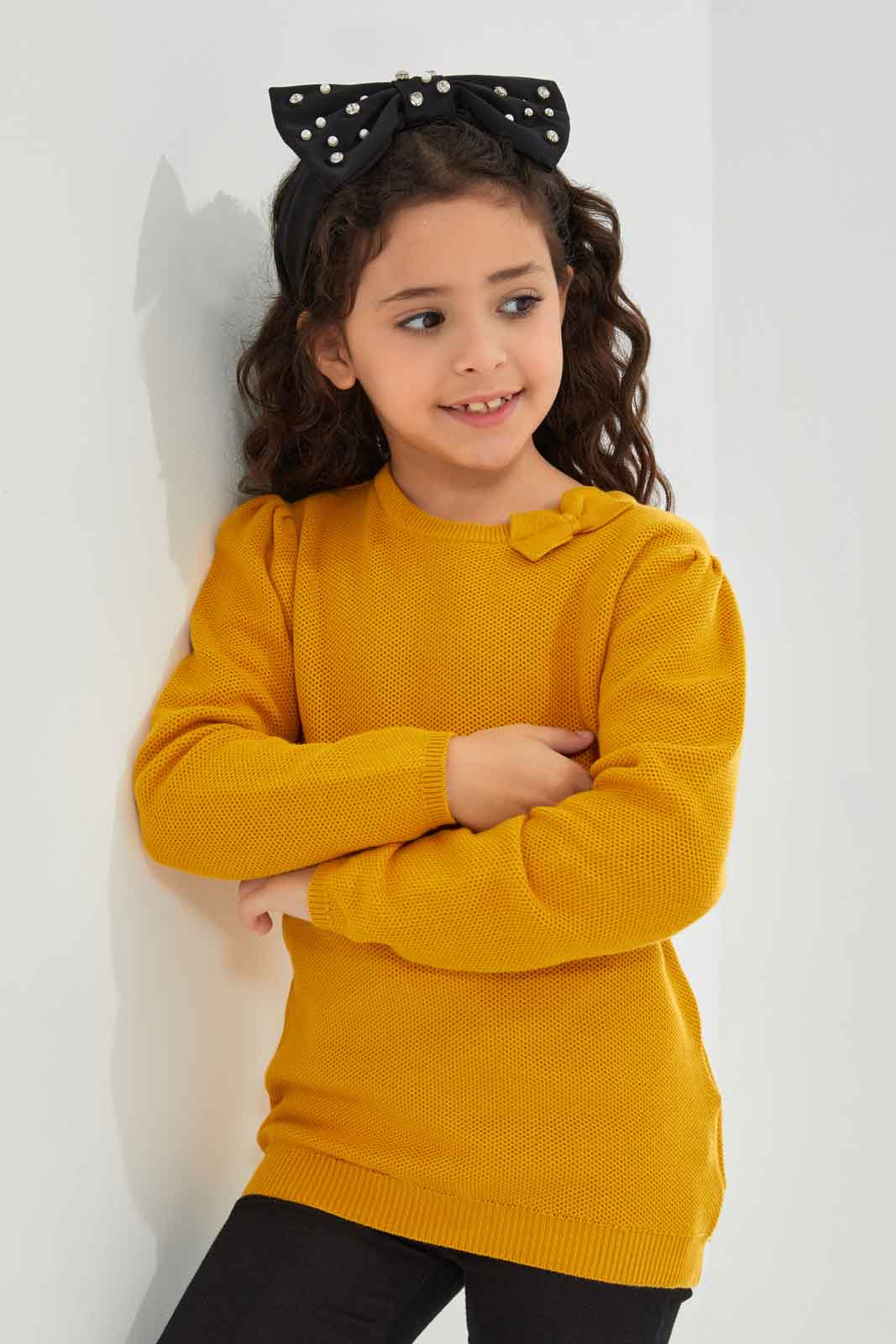 Redtag-Yellow-Long-Sleeve-Pullover-With-Bow-Category:Pullovers,-Colour:Yellow,-Deals:New-In,-Dept:Girls,-Filter:Girls-(2-to-8-Yrs),-GIR-Pullovers,-New-In-GIR-APL,-Non-Sale,-Section:Girls-(0-to-14Yrs),-W22B-Girls-2 to 8 Years