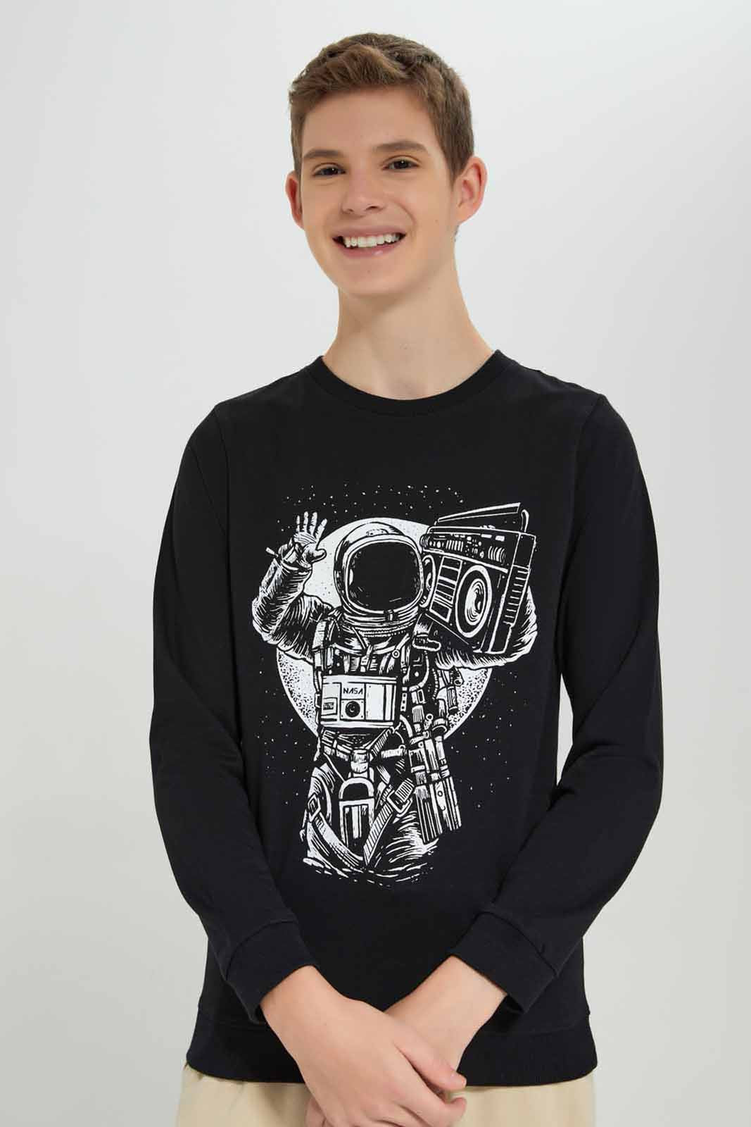 Redtag-Black-Boombox-Astronaut-Sweat-Tee-BSR-Sweatshirts,-Category:Sweatshirts,-Colour:Black,-Deals:New-In,-Filter:Senior-Boys-(8-to-14-Yrs),-New-In-BSR-APL,-Non-Sale,-Section:Boys-(0-to-14Yrs),-TBL,-W22B-Senior-Boys-9 to 14 Years