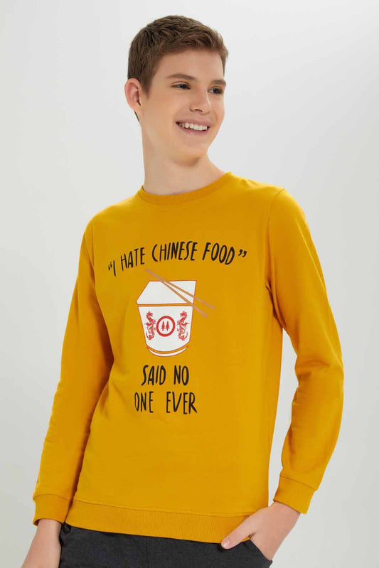 Redtag-Mustard-Chinise-Food-Sweat-Tee-BSR-Sweatshirts,-Category:Sweatshirts,-Colour:Mustard,-Deals:New-In,-Filter:Senior-Boys-(8-to-14-Yrs),-New-In-BSR-APL,-Non-Sale,-Section:Boys-(0-to-14Yrs),-TBL,-W22B-Senior-Boys-9 to 14 Years