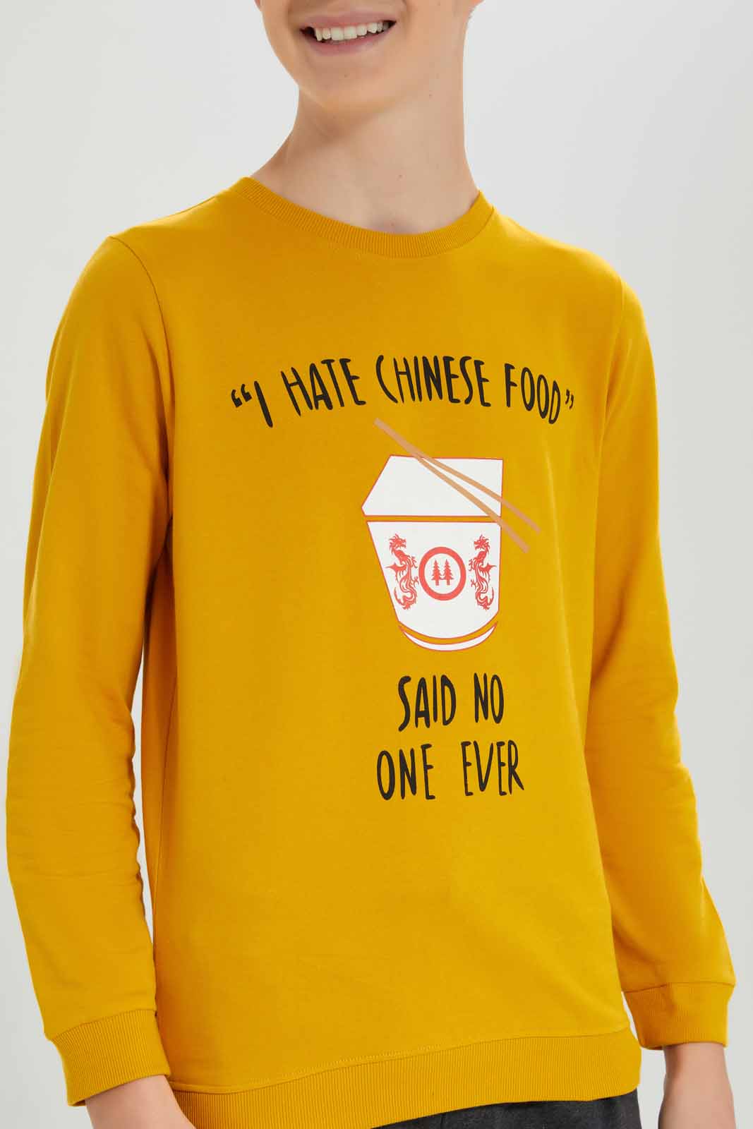 Redtag-Mustard-Chinise-Food-Sweat-Tee-BSR-Sweatshirts,-Category:Sweatshirts,-Colour:Mustard,-Deals:New-In,-Filter:Senior-Boys-(8-to-14-Yrs),-New-In-BSR-APL,-Non-Sale,-Section:Boys-(0-to-14Yrs),-TBL,-W22B-Senior-Boys-9 to 14 Years