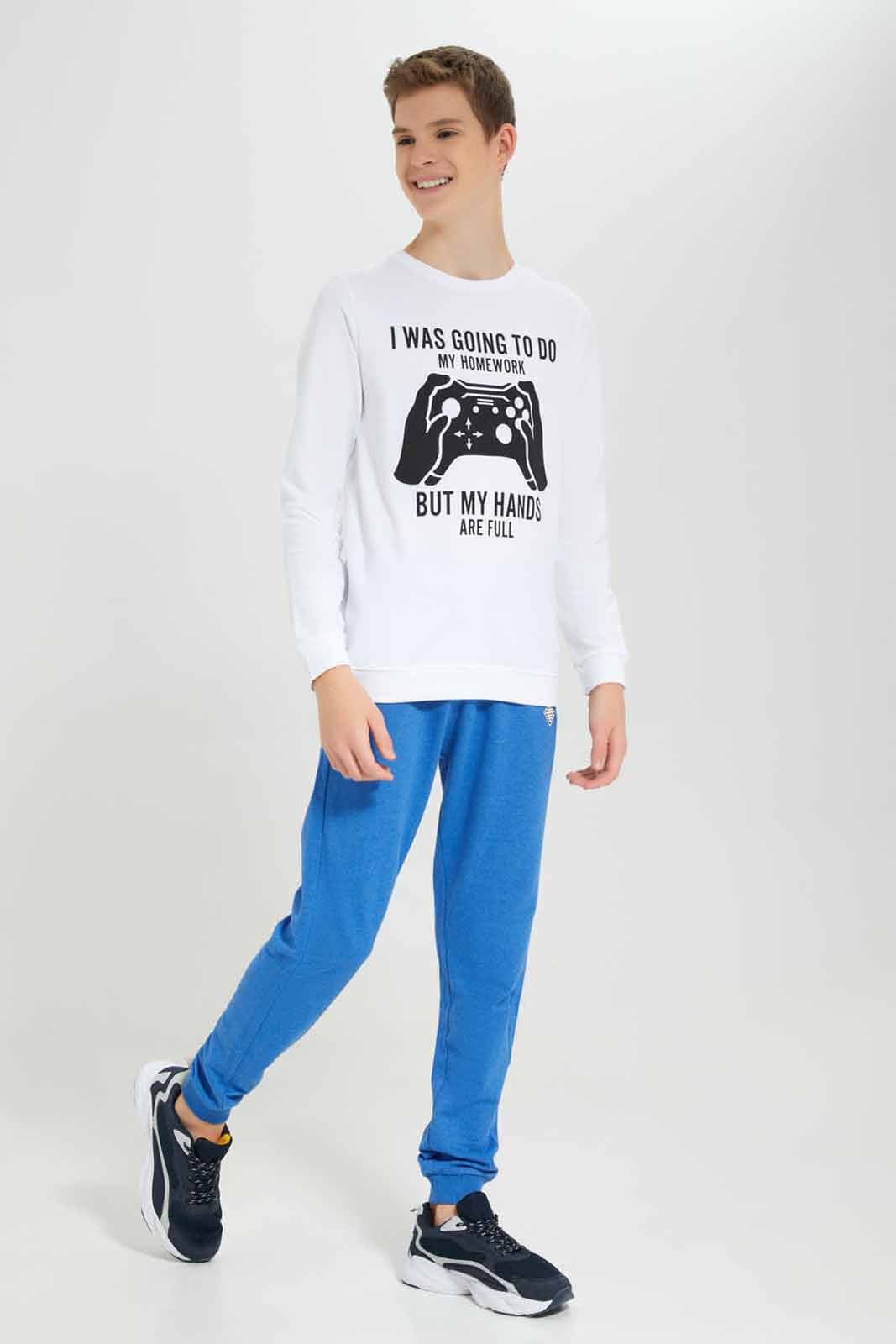 Redtag-White-Hands-are-Full-Sweat-Tee-BSR-Sweatshirts,-Category:Sweatshirts,-Colour:White,-Deals:New-In,-Filter:Senior-Boys-(8-to-14-Yrs),-New-In-BSR-APL,-Non-Sale,-Section:Boys-(0-to-14Yrs),-TBL,-W22B-Senior-Boys-9 to 14 Years