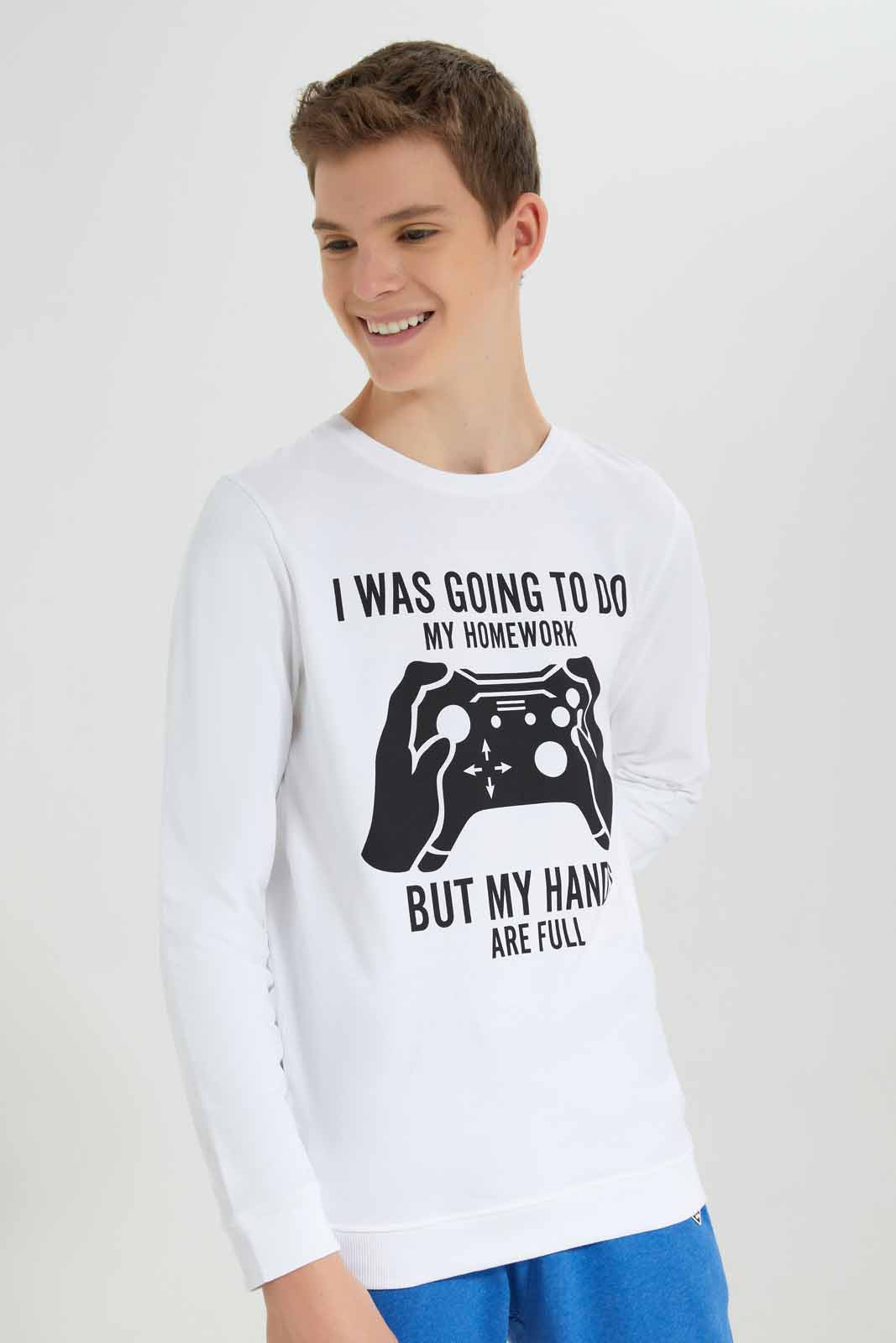 Redtag-White-Hands-are-Full-Sweat-Tee-BSR-Sweatshirts,-Category:Sweatshirts,-Colour:White,-Deals:New-In,-Filter:Senior-Boys-(8-to-14-Yrs),-New-In-BSR-APL,-Non-Sale,-Section:Boys-(0-to-14Yrs),-TBL,-W22B-Senior-Boys-9 to 14 Years