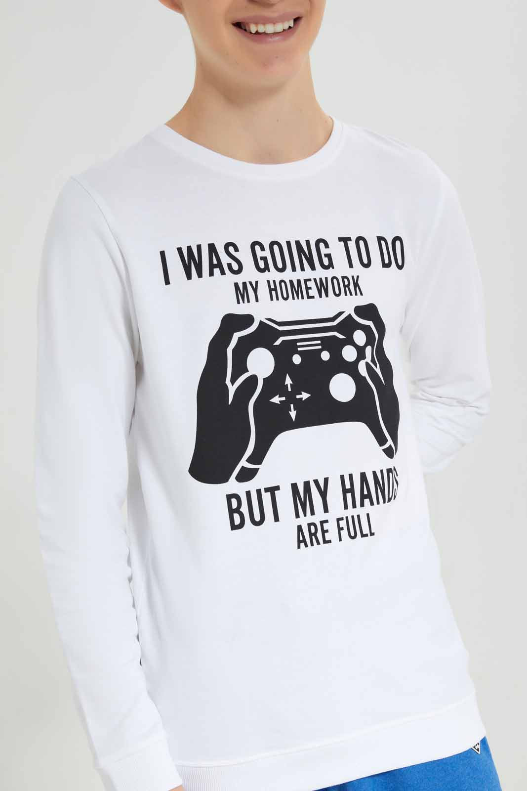 Redtag-White-Hands-are-Full-Sweat-Tee-BSR-Sweatshirts,-Category:Sweatshirts,-Colour:White,-Deals:New-In,-Filter:Senior-Boys-(8-to-14-Yrs),-New-In-BSR-APL,-Non-Sale,-Section:Boys-(0-to-14Yrs),-TBL,-W22B-Senior-Boys-9 to 14 Years