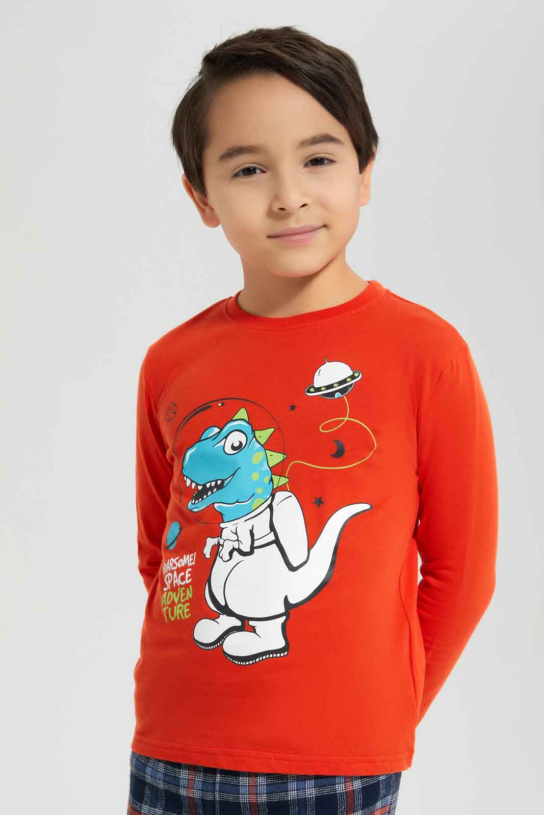 Redtag-Red-Long-Sleeve-Single-Jersey-Printed-T-Shirt-With-Brushed-Check-BOY-Pyjama-Sets,-Category:Pyjama-Sets,-Colour:Red,-Deals:New-In,-Dept:Boys,-Filter:Boys-(2-to-8-Yrs),-New-In-BOY-APL,-Non-Sale,-Section:Boys-(0-to-14Yrs),-W22B-Boys-2 to 8 Years