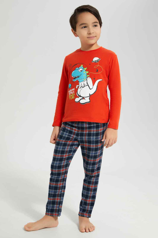 Redtag-Red-Long-Sleeve-Single-Jersey-Printed-T-Shirt-With-Brushed-Check-BOY-Pyjama-Sets,-Category:Pyjama-Sets,-Colour:Red,-Deals:New-In,-Dept:Boys,-Filter:Boys-(2-to-8-Yrs),-New-In-BOY-APL,-Non-Sale,-Section:Boys-(0-to-14Yrs),-W22B-Boys-2 to 8 Years