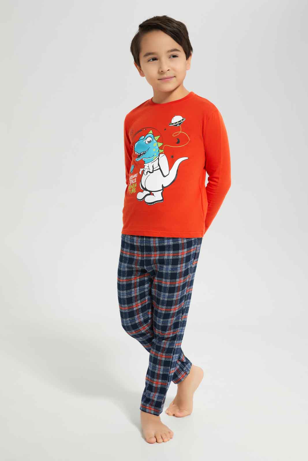 Redtag-Red-Long-Sleeve-Single-Jersey-Printed-T-Shirt-With-Brushed-Check-BOY-Pyjama-Sets,-Category:Pyjama-Sets,-Colour:Red,-Deals:New-In,-Dept:Boys,-Filter:Boys-(2-to-8-Yrs),-New-In-BOY-APL,-Non-Sale,-Section:Boys-(0-to-14Yrs),-W22B-Boys-2 to 8 Years