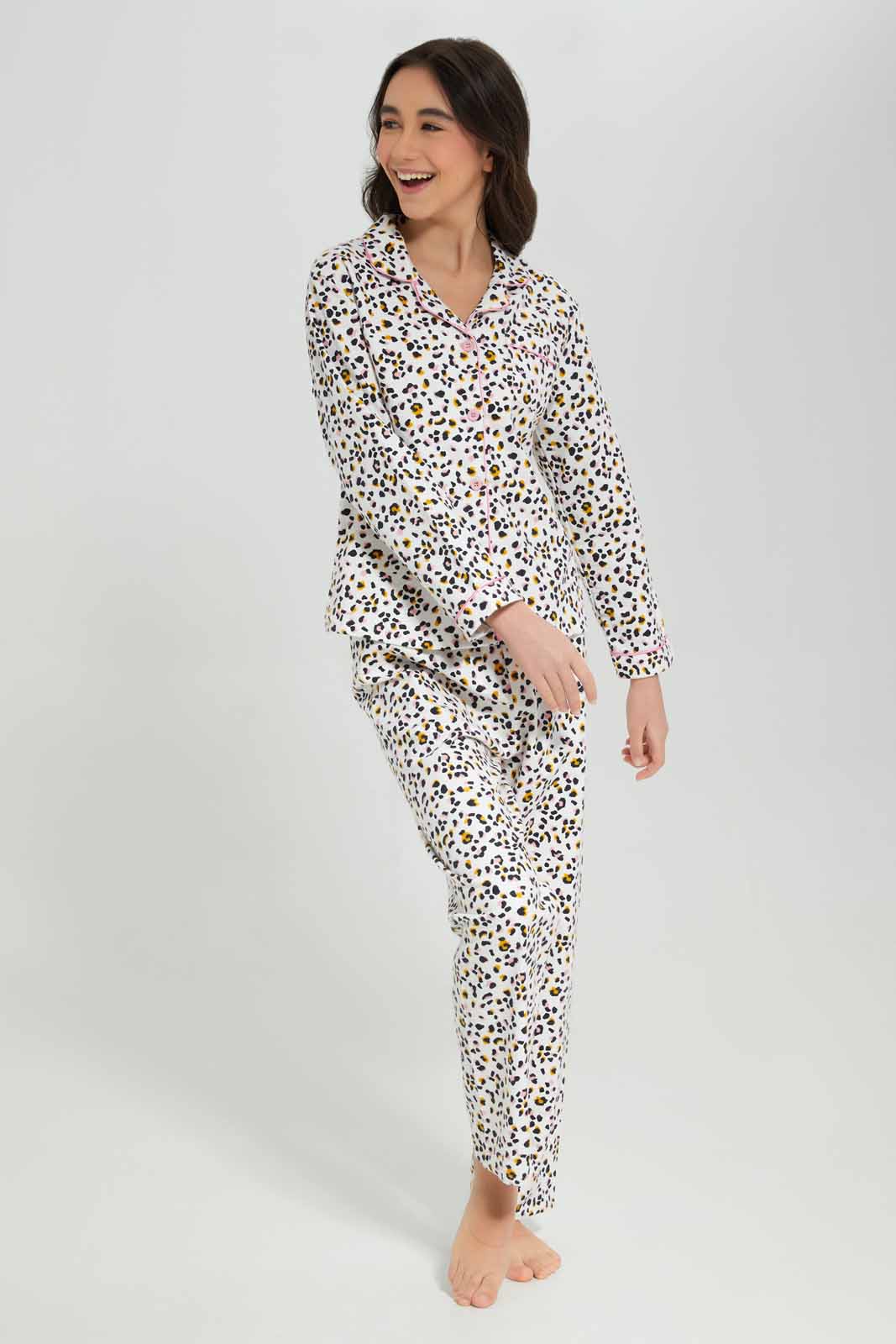 Redtag-White-Animal-Print-Flannel-Sets-Category:Pyjama-Sets,-Colour:Assorted,-Deals:New-In,-Filter:Senior-Girls-(8-to-14-Yrs),-GSR-Pyjama-Sets,-New-In-GSR-APL,-Non-Sale,-Section:Girls-(0-to-14Yrs),-W22A-Senior-Girls-9 to 14 Years