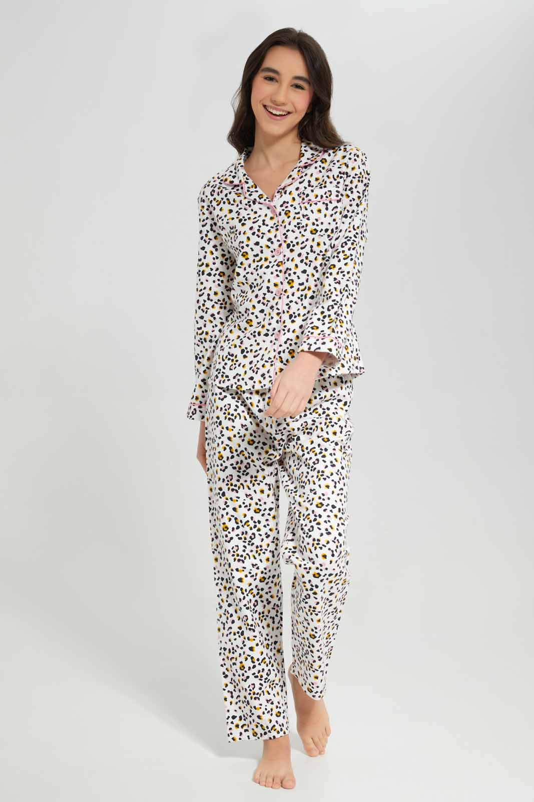 Redtag-White-Animal-Print-Flannel-Sets-Category:Pyjama-Sets,-Colour:Assorted,-Deals:New-In,-Filter:Senior-Girls-(8-to-14-Yrs),-GSR-Pyjama-Sets,-New-In-GSR-APL,-Non-Sale,-Section:Girls-(0-to-14Yrs),-W22A-Senior-Girls-9 to 14 Years