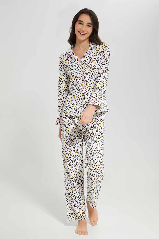 Redtag-White-Animal-Print-Flannel-Sets-Category:Pyjama-Sets,-Colour:Assorted,-Deals:New-In,-Filter:Senior-Girls-(8-to-14-Yrs),-GSR-Pyjama-Sets,-New-In-GSR-APL,-Non-Sale,-Section:Girls-(0-to-14Yrs),-W22A-Senior-Girls-9 to 14 Years