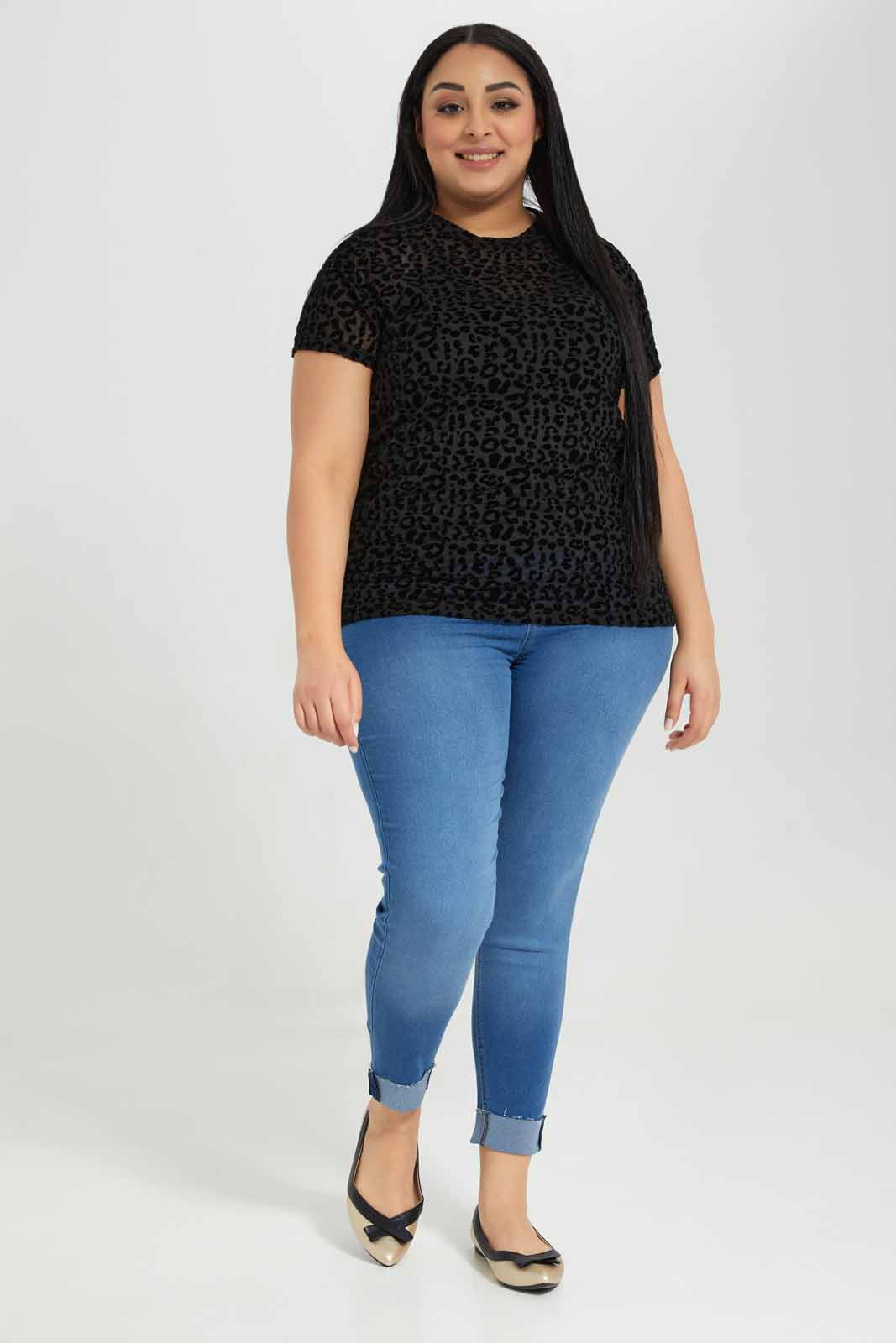 Redtag-Short-Sleeve-All-Over-Flocking-Top-Category:Tops,-Colour:Black,-Deals:New-In,-Filter:Plus-Size,-LDP-Tops,-New-In-LDP-APL,-Non-Sale,-Section:Women,-W22A-Women's-