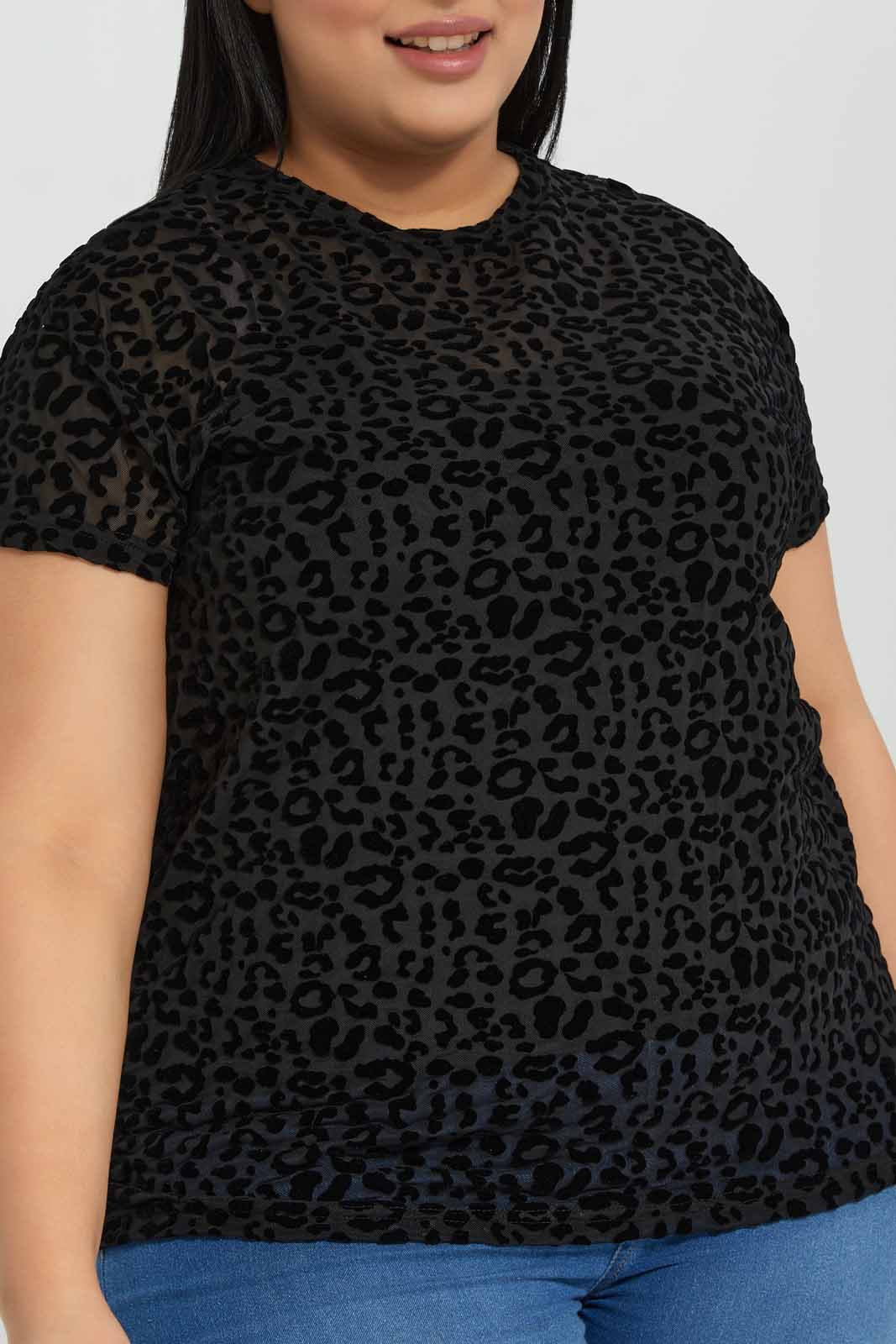 Redtag-Short-Sleeve-All-Over-Flocking-Top-Category:Tops,-Colour:Black,-Deals:New-In,-Filter:Plus-Size,-LDP-Tops,-New-In-LDP-APL,-Non-Sale,-Section:Women,-W22A-Women's-