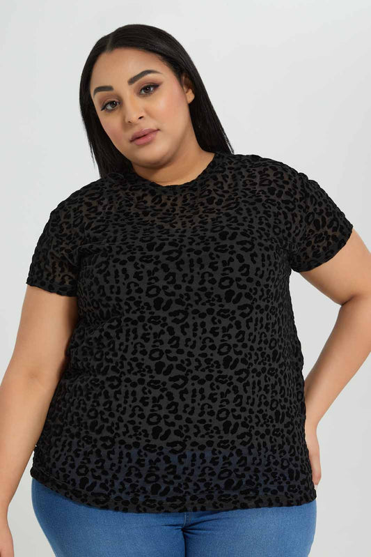 Redtag-Short-Sleeve-All-Over-Flocking-Top-Category:Tops,-Colour:Black,-Deals:New-In,-Filter:Plus-Size,-LDP-Tops,-New-In-LDP-APL,-Non-Sale,-Section:Women,-W22A-Women's-