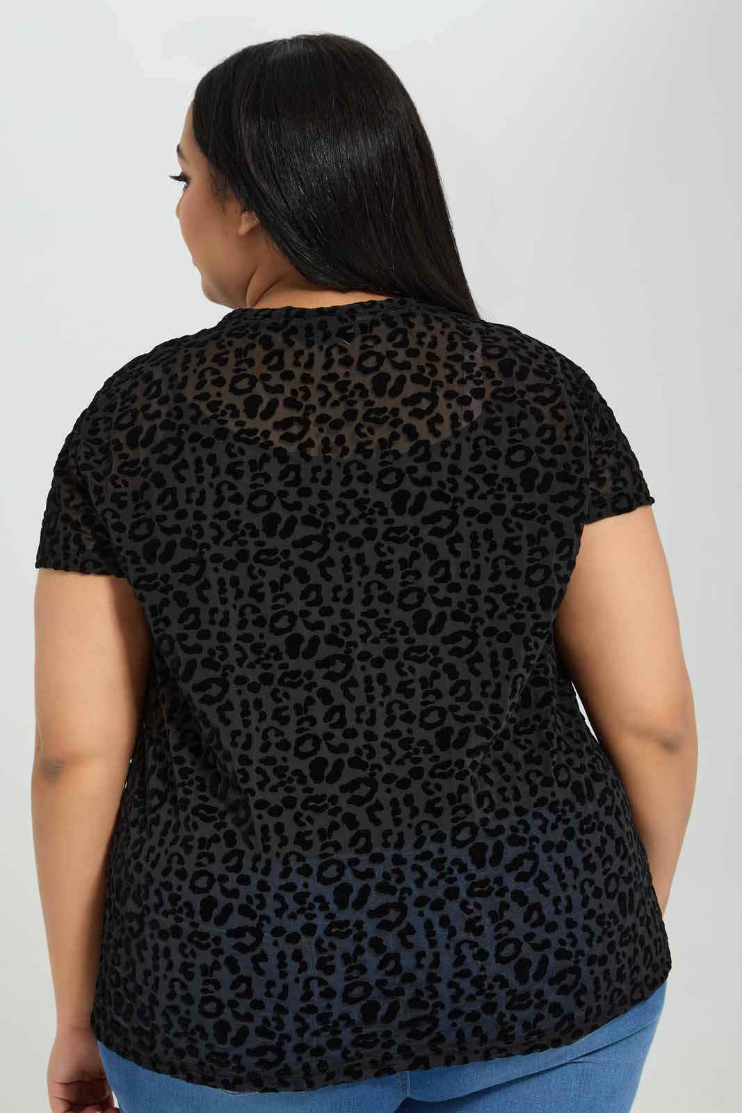 Redtag-Short-Sleeve-All-Over-Flocking-Top-Category:Tops,-Colour:Black,-Deals:New-In,-Filter:Plus-Size,-LDP-Tops,-New-In-LDP-APL,-Non-Sale,-Section:Women,-W22A-Women's-